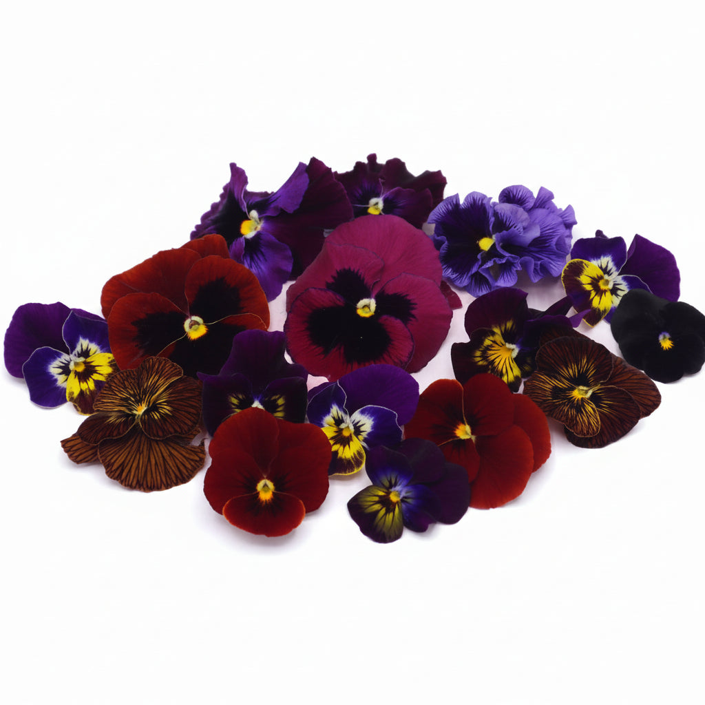 Donker kleurige eetbare viooltjes. Rood, Paars, Zwart. Floral Delight