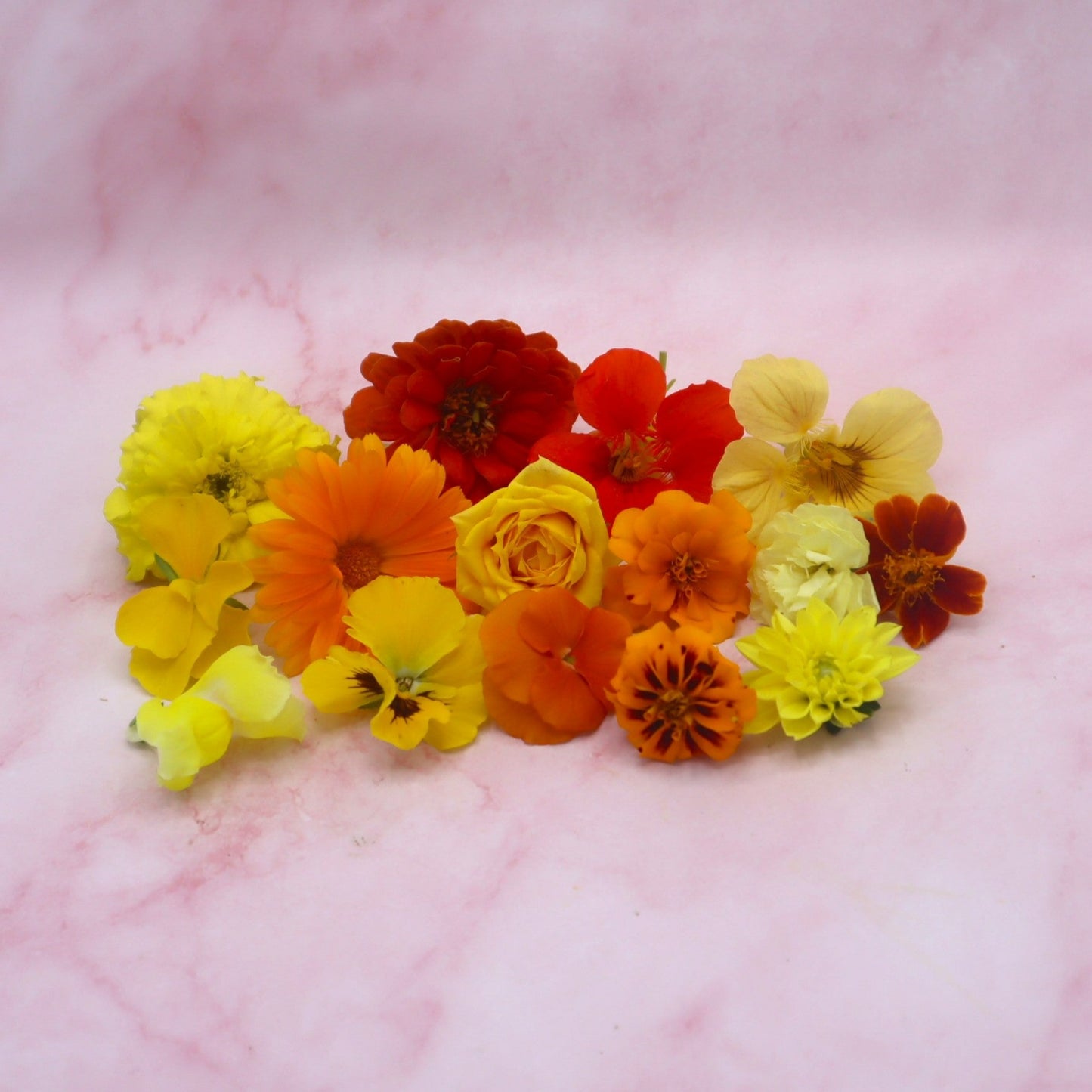 Vrolijke Mix. Eetbare bloemen. Oranje en geel. Edible Flowers. Floral Delight.