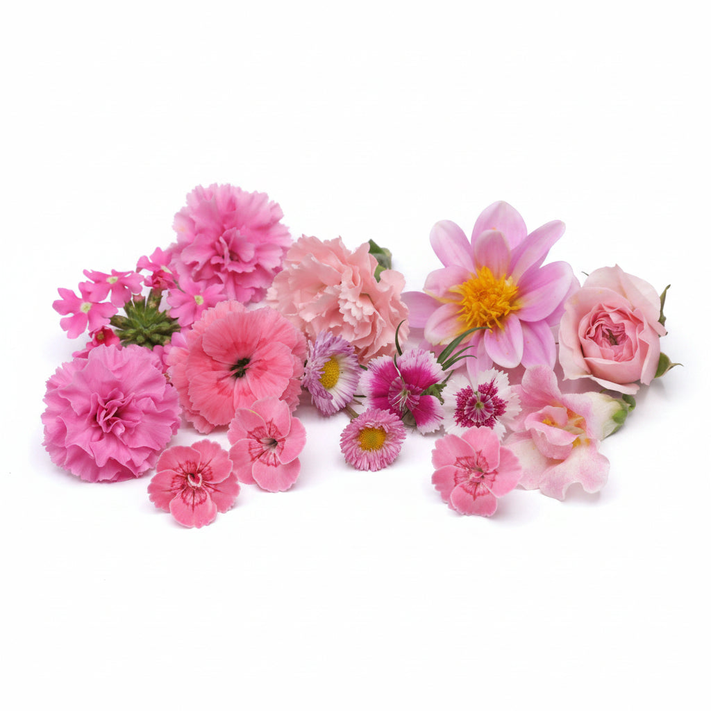 Roze eetbare bloemen mix. Romantische mix. lichtroze en donkerroze. Floral Delight