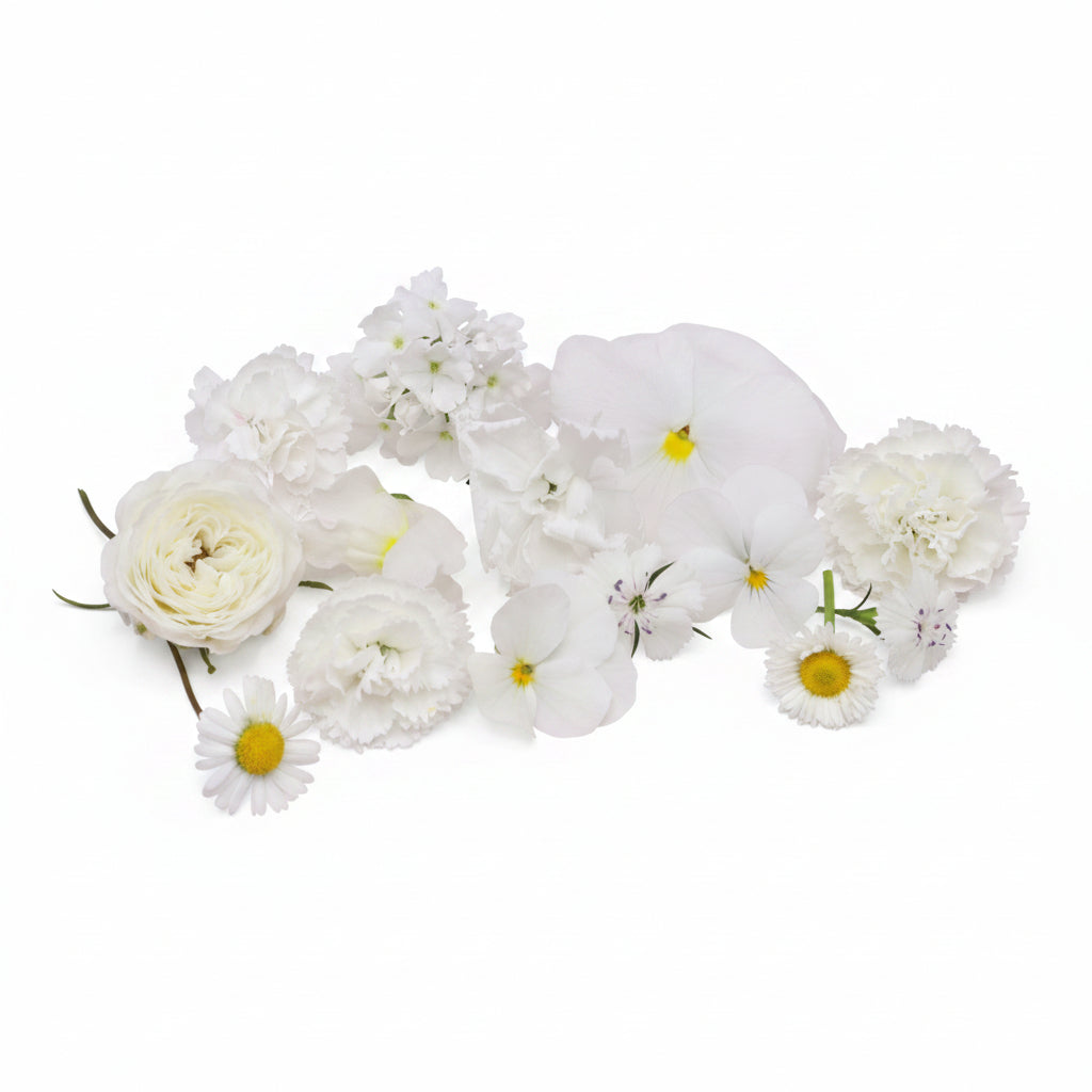 Witte mix, witte eetbare bloemen. créme. Bruiloften, taart, bruidstaart